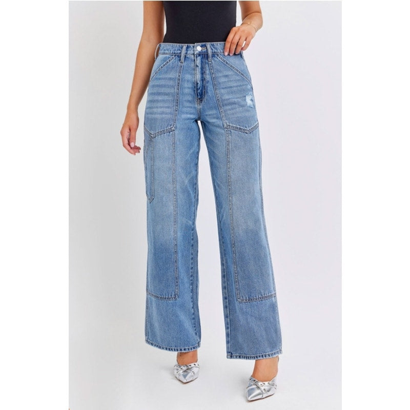 High Rise Wide Leg Jean with Carpenter Details