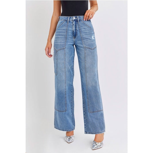 High Rise Wide Leg Jean with Carpenter Details