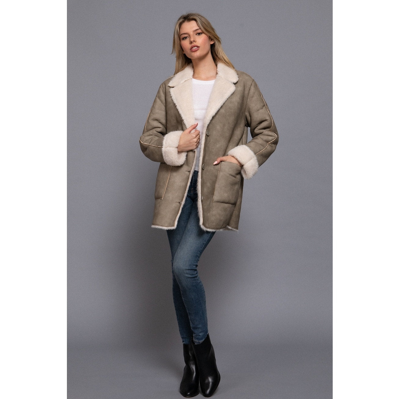 Taupe Lapel Collar Button Down Double Sided Faux Leather Coat