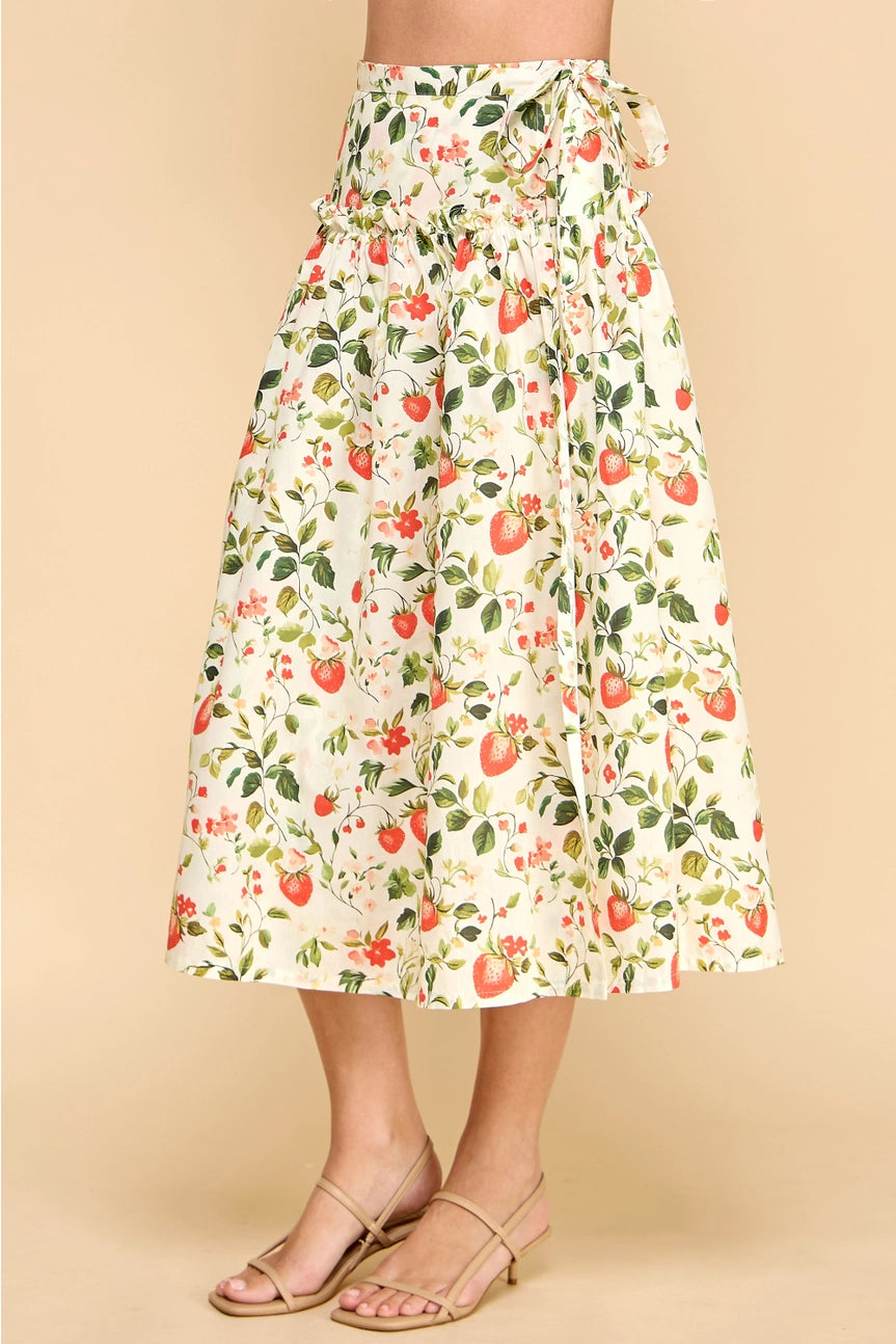 Strawberry Print High Waist Ruffle Midi Skirt
