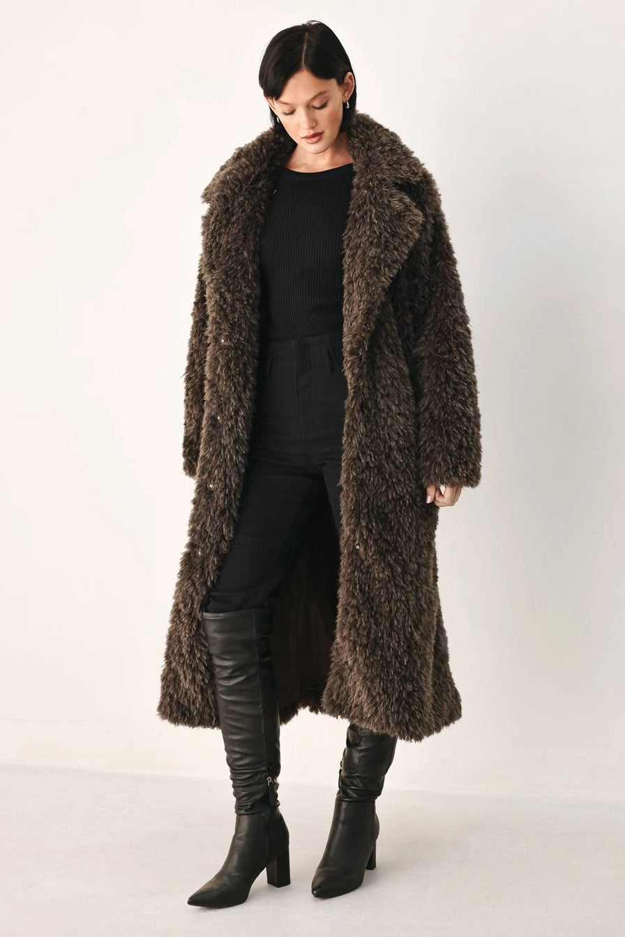 Brown Faux Fur Midi Coat