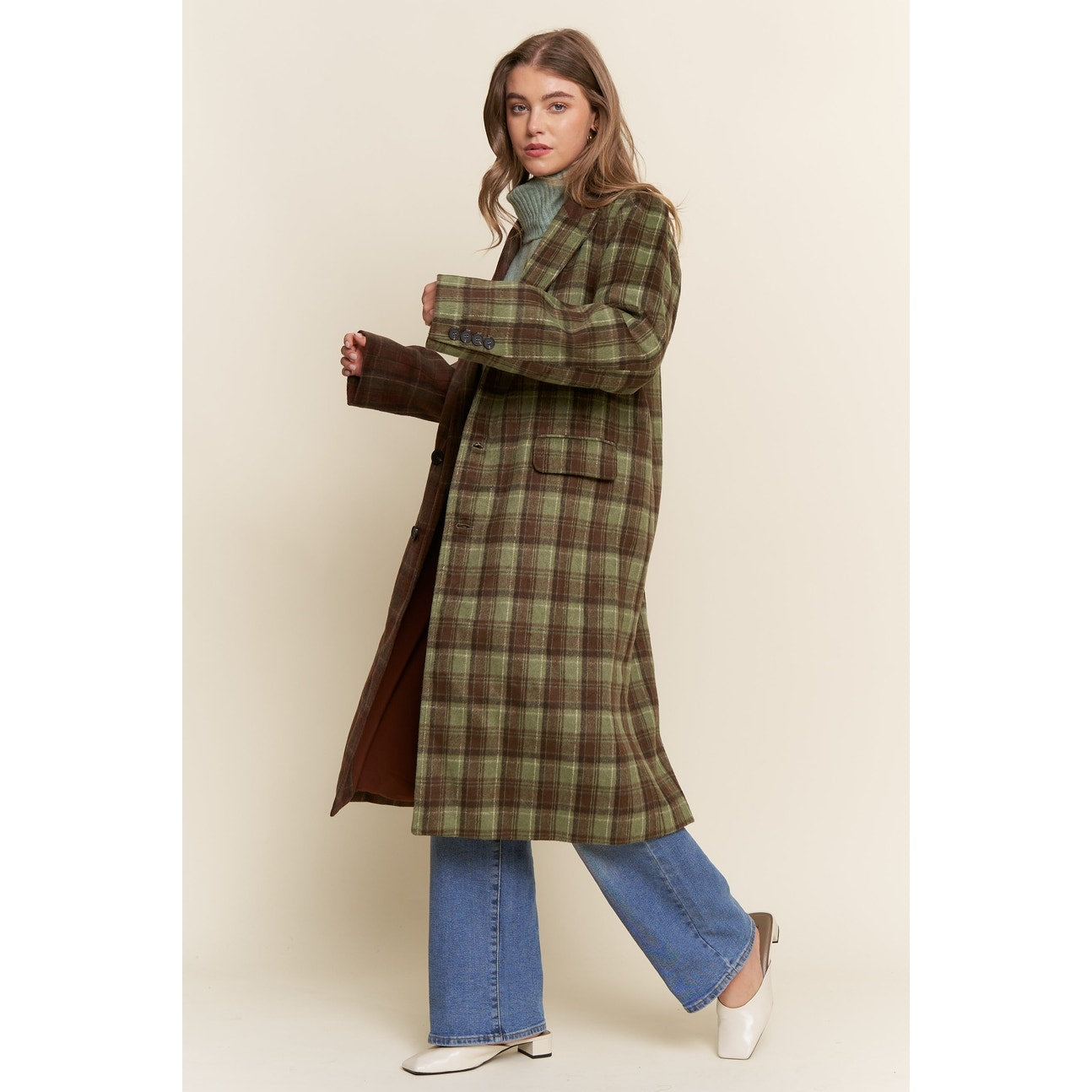 Plaid Two-Tone Midi Length Coat