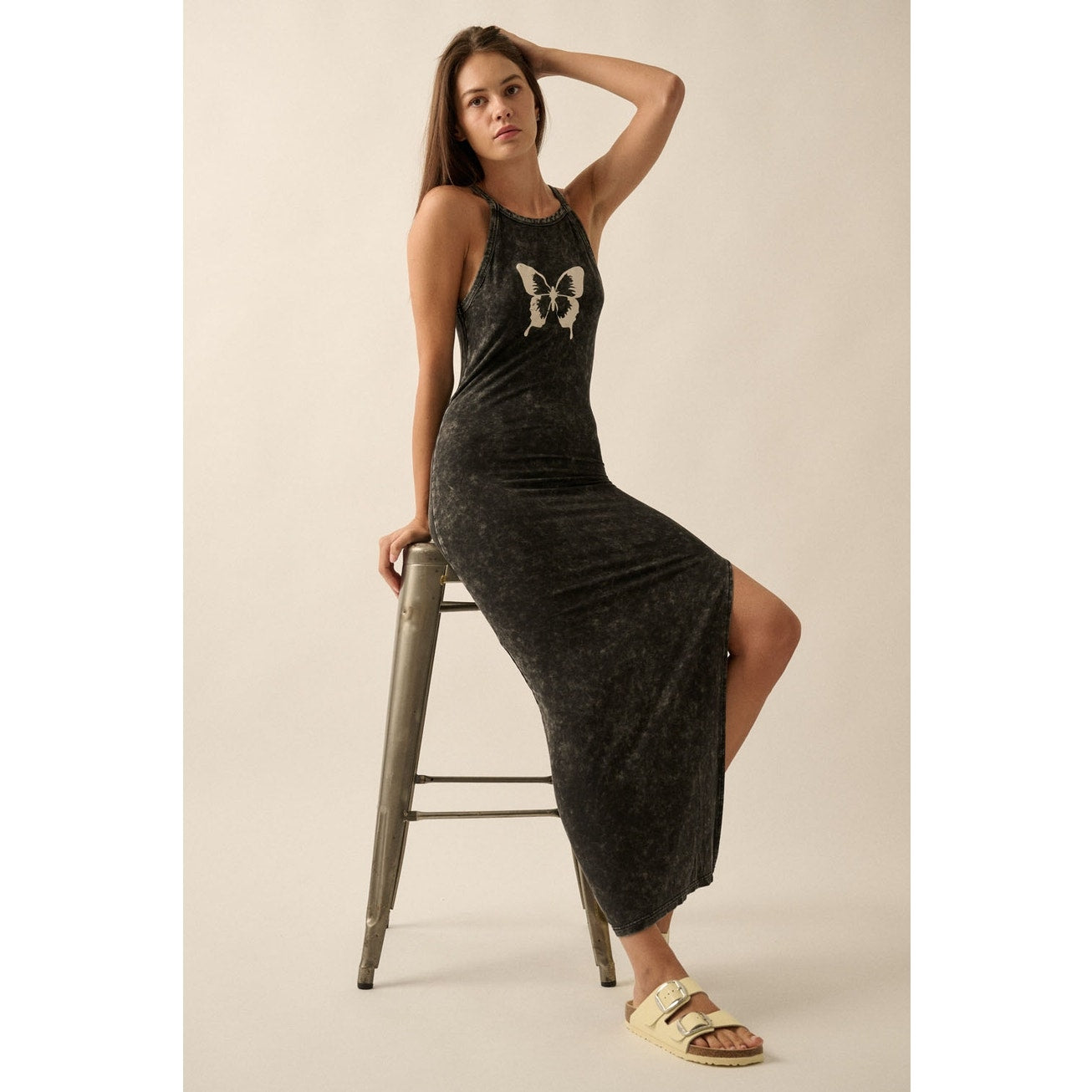 Charcoal Vintage Wash Butterfly Graphic Tank Maxi Dress
