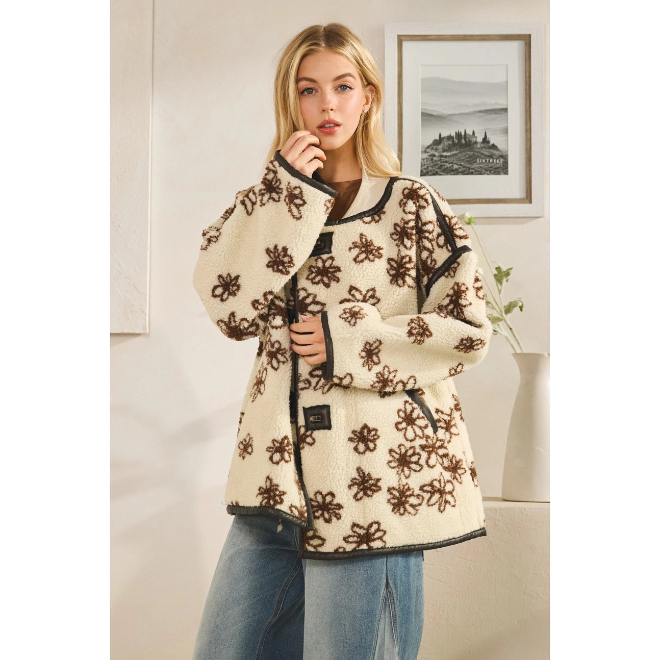 Oversized Floral Front Button Metal Clasp Jacket