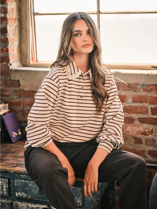 Oatmeal Striped Lace Collar Polo Top