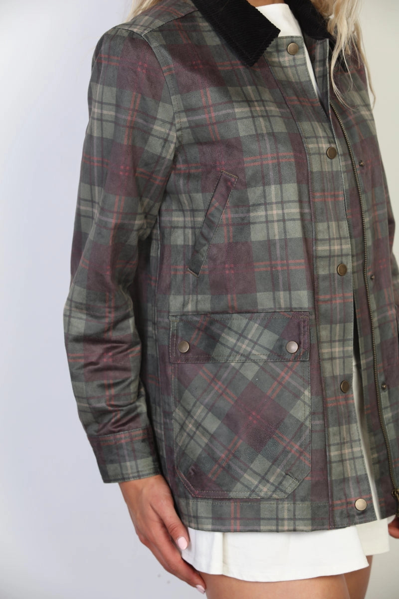 Plaid Waxed Corduroy Collar Barn Jacket