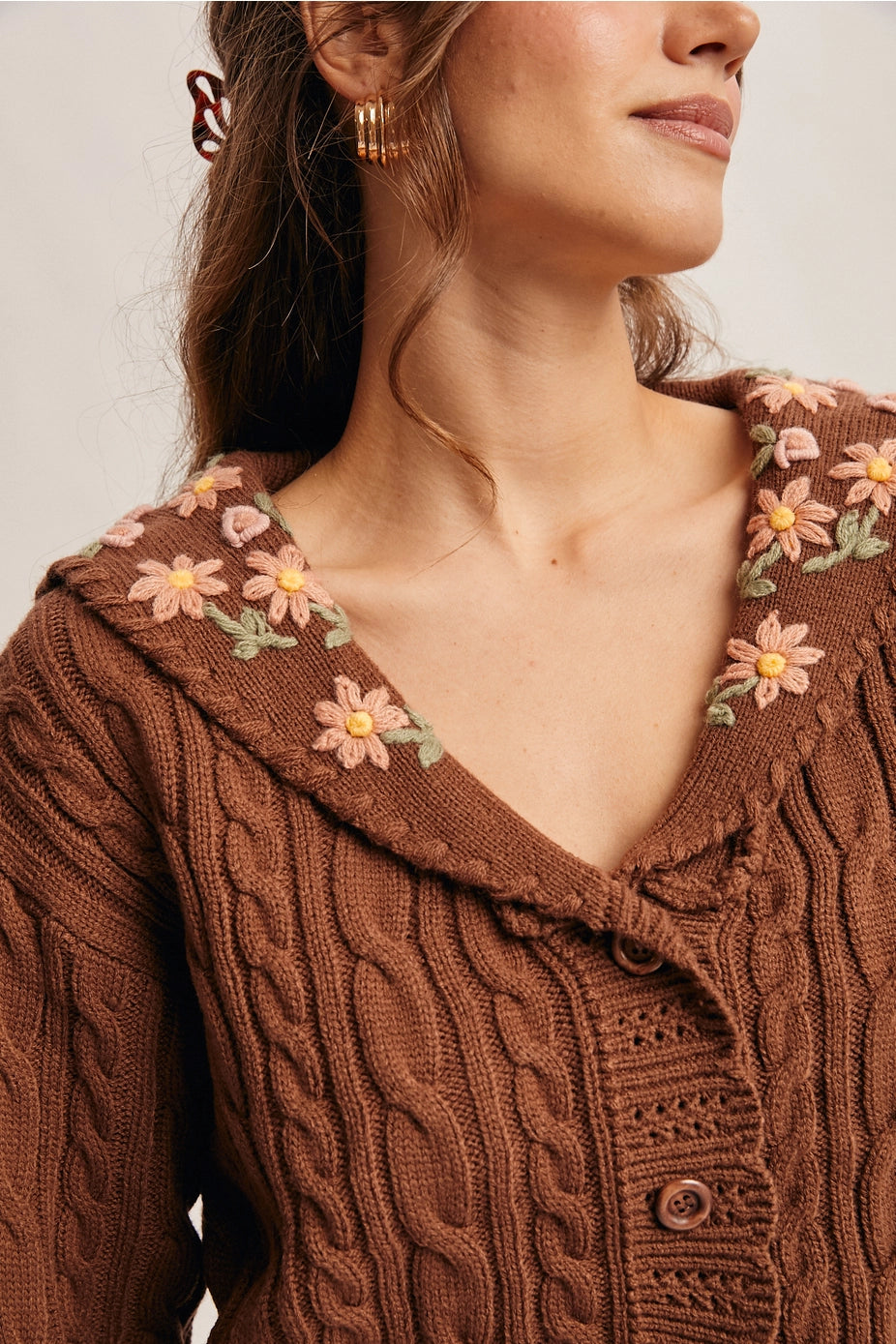 Mocha Cable Knit Embroidered Collar Cardigan