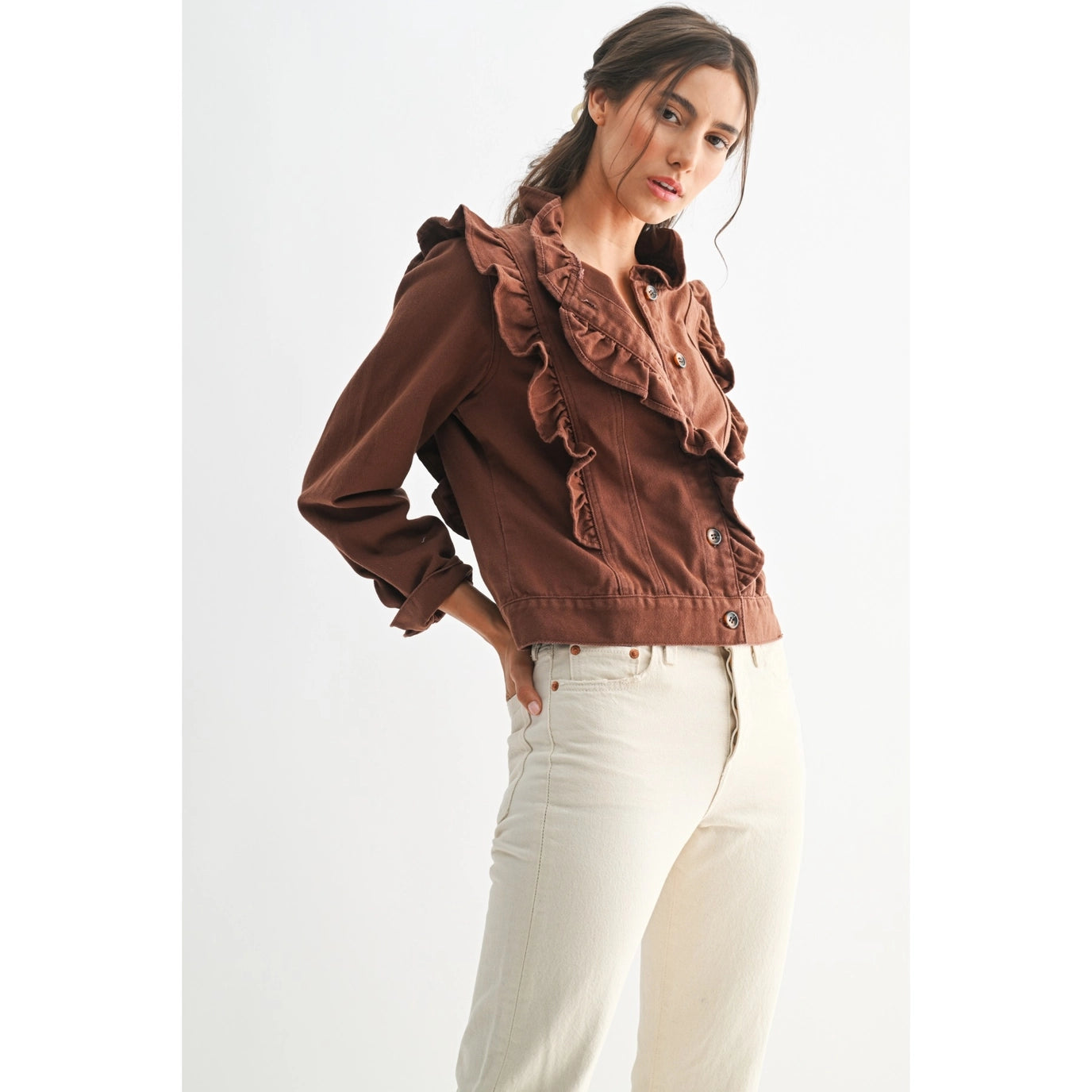 Brown Ruffled Button-Up Denim Jacket