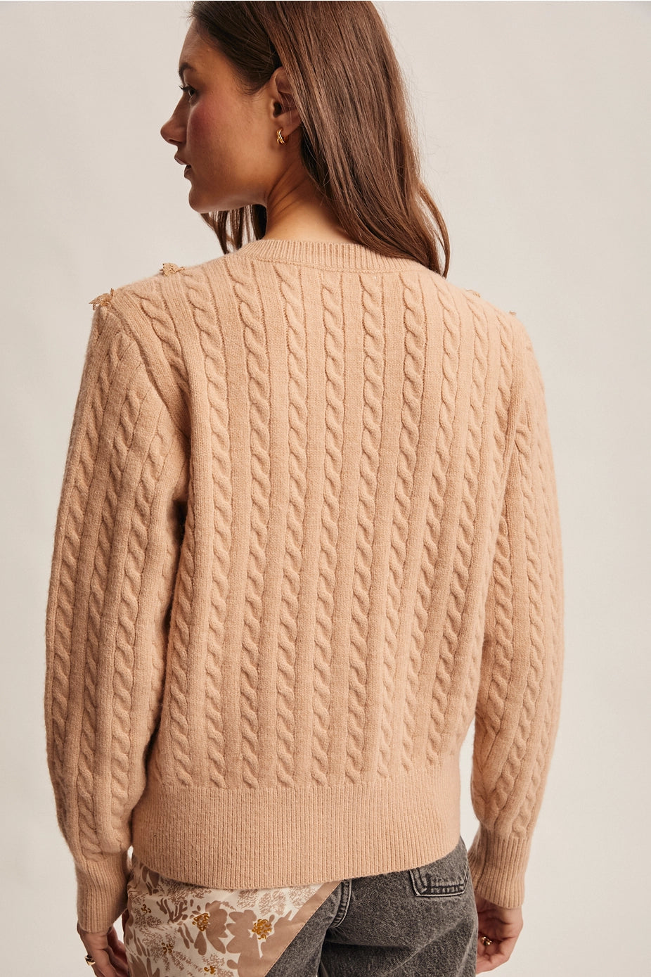 Oatmeal Lace Trim Cable Knit Pullover