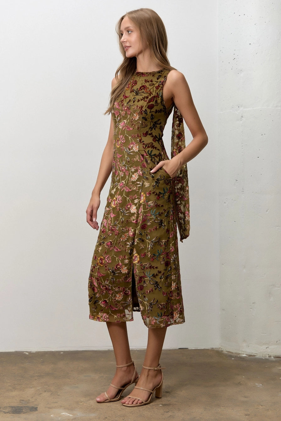 Olive Burnout Velvet Boat Neck Midi Dress