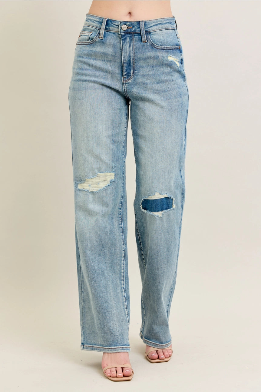 High Waisted Distressed & Knee Patch Straight Jeans