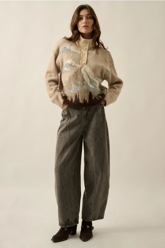 Oatmeal Jacquard-Knit Landscape Quarter-Zip Pullover Sweater Jacket