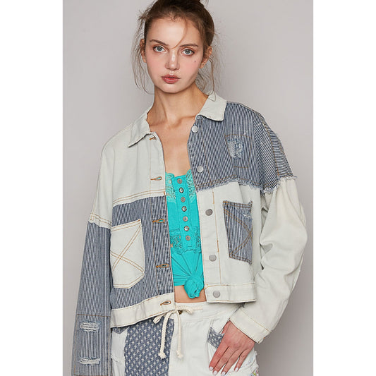 Ivory Multi Pinstripe Oversized Distressed Patchwork Jacket