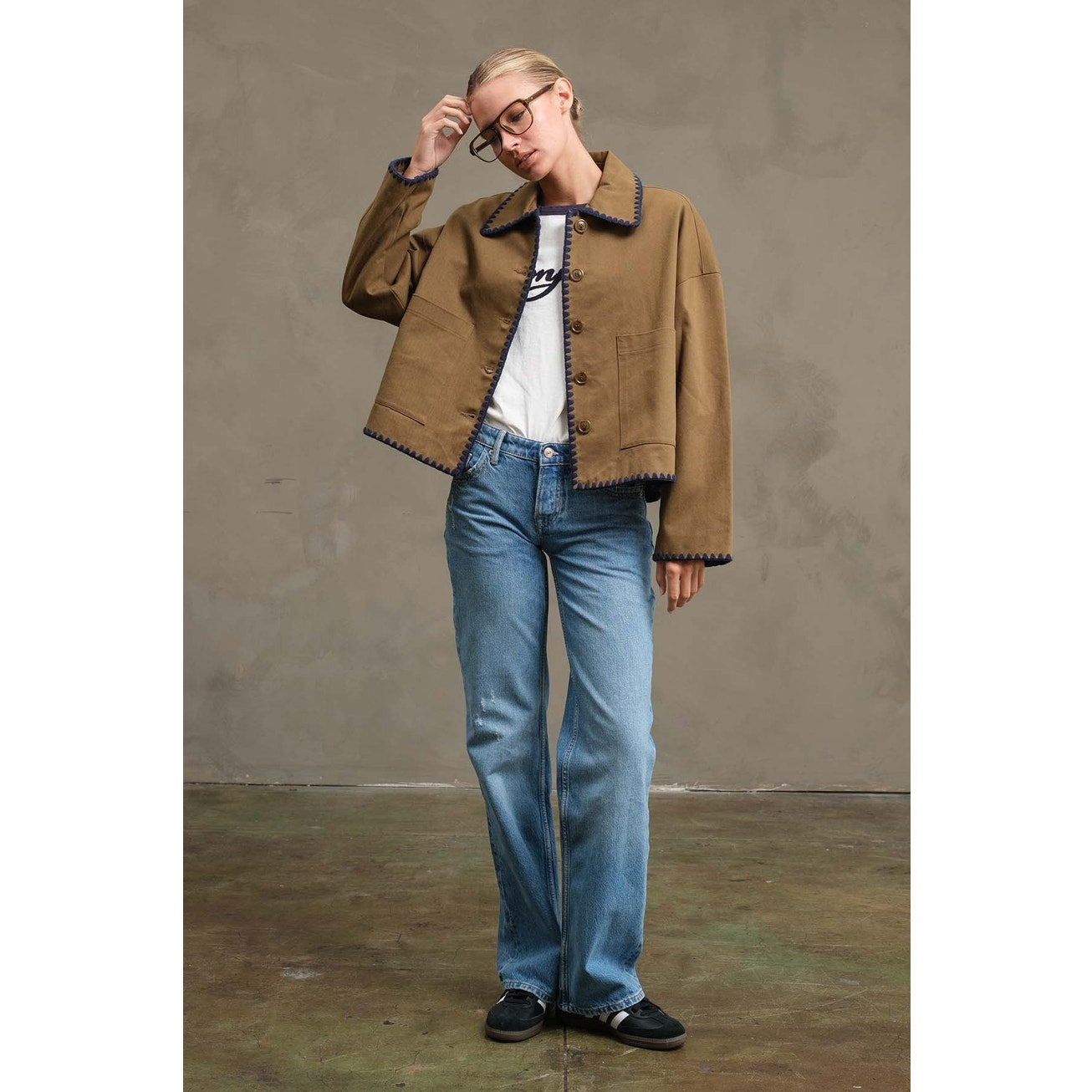 Olive Collar Jacket with Contrast Stitching