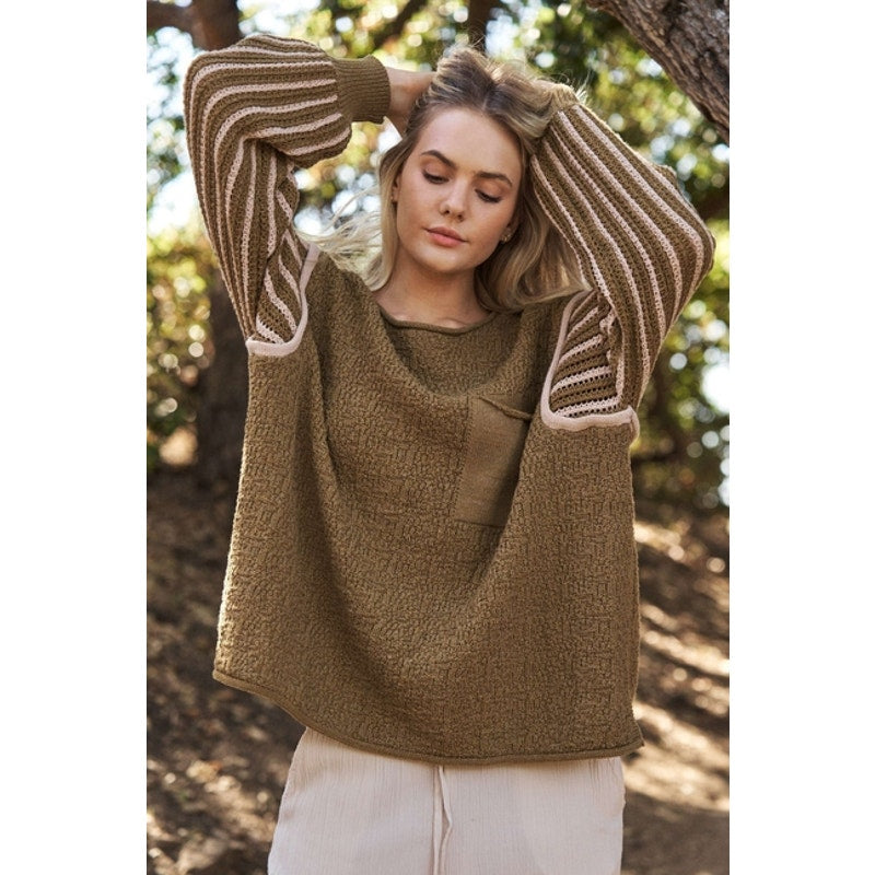 Olive Striped Sleeves Knit Sweater