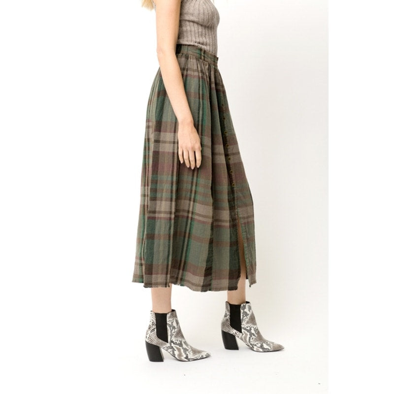 Acid Wash Plaid Front Button Skirt