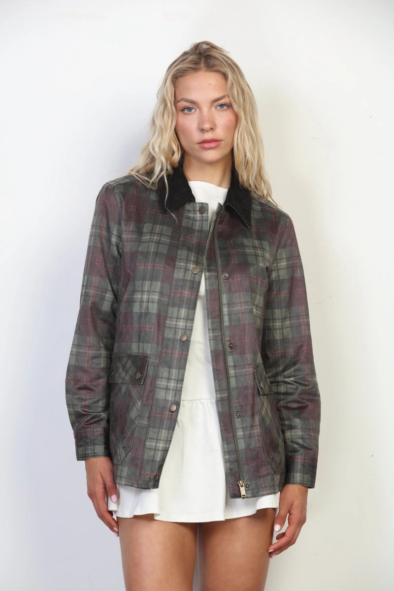 Plaid Waxed Corduroy Collar Barn Jacket