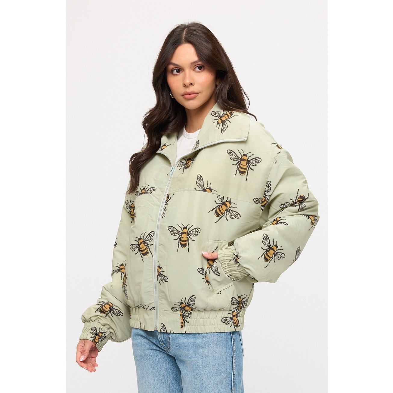Bumble Bee Print Bomber Puffer Jacket