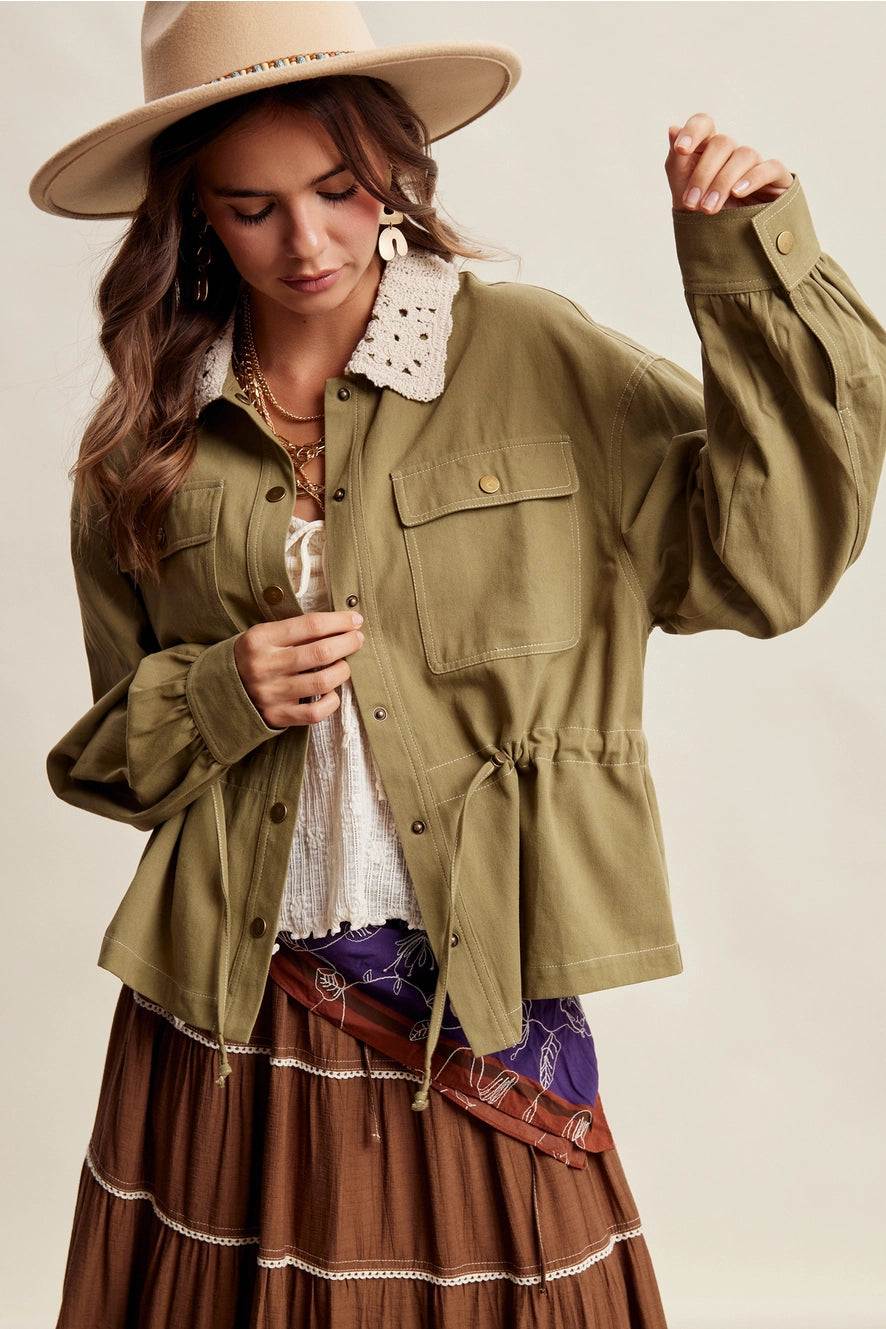 Olive Crochet Collar Utility Jacket