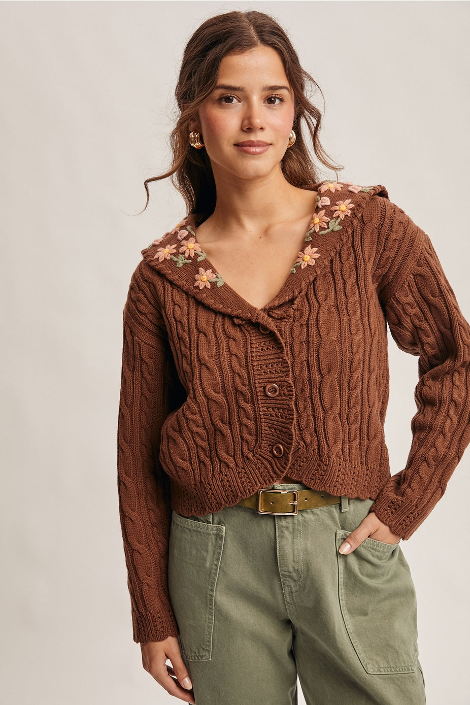 Mocha Cable Knit Embroidered Collar Cardigan