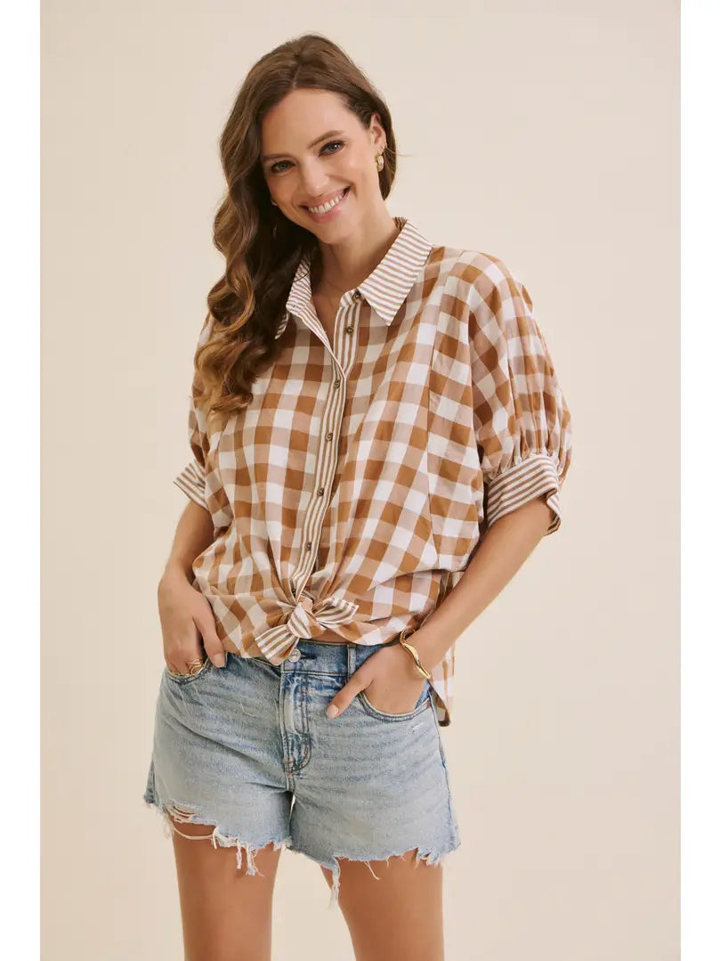 Mocha Gingham Balloon-Sleeves Shirt