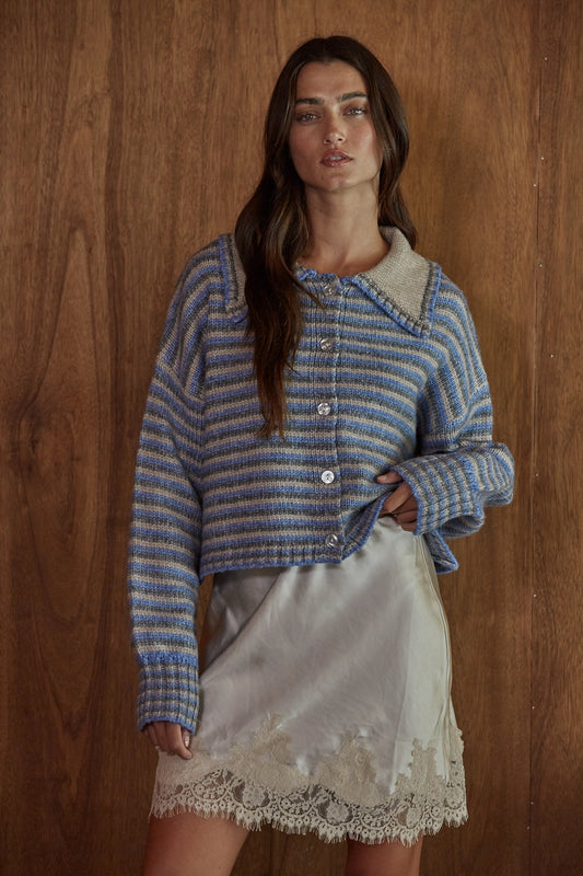 Taupe Blue Knit Sweater Striped Collar Neck Cardigan