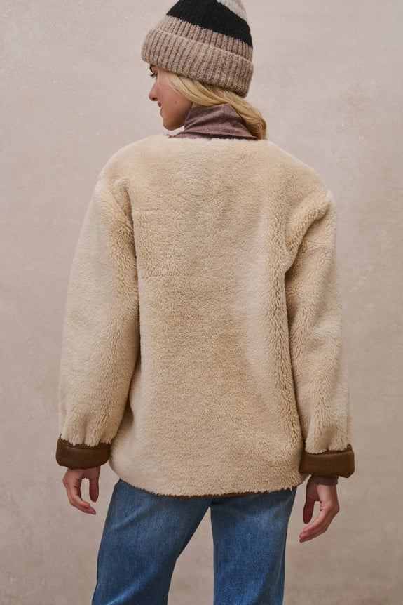Faux Shearling Jacket with Suede Pockets