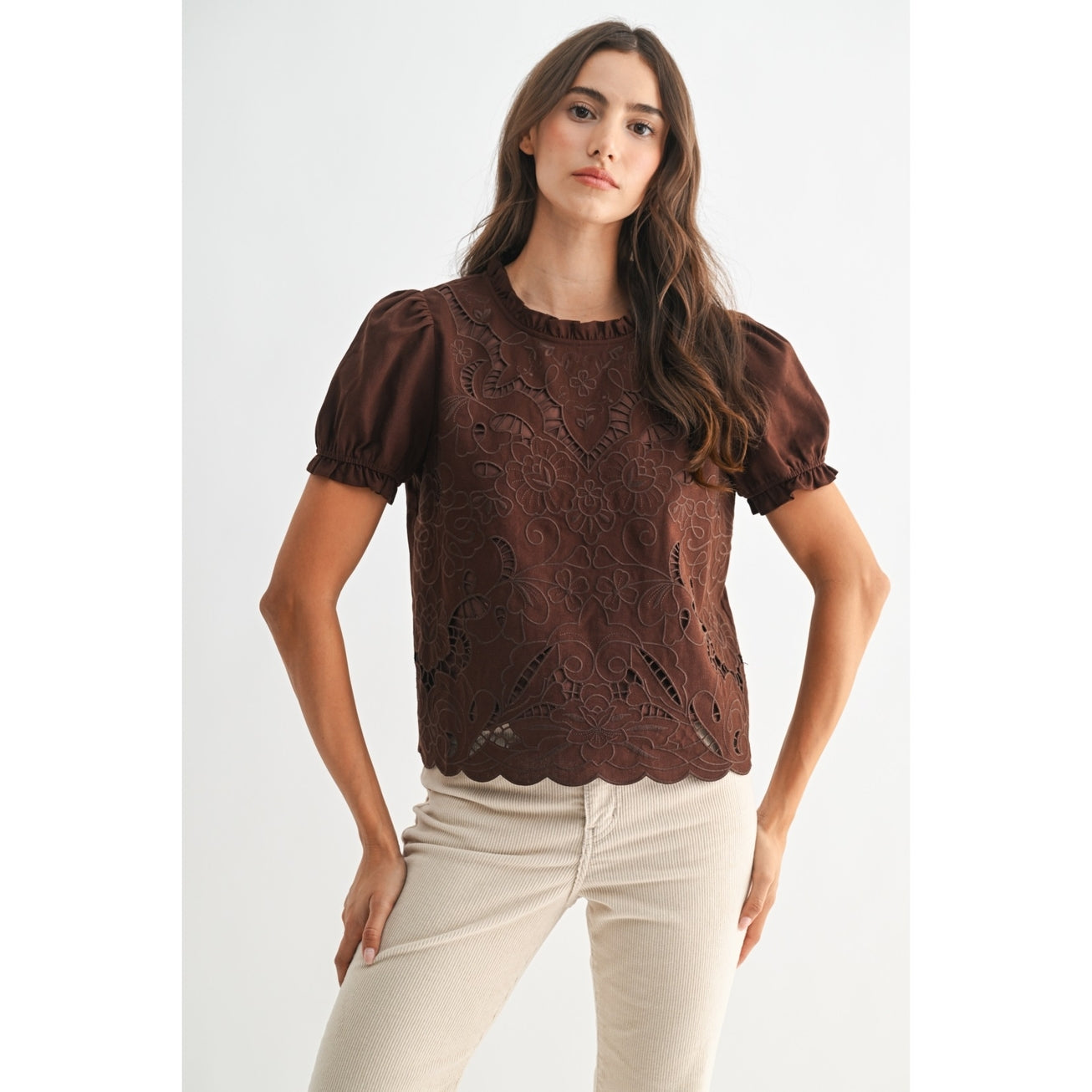 Embroidered Eyelet Blouse with Puff Sleeves