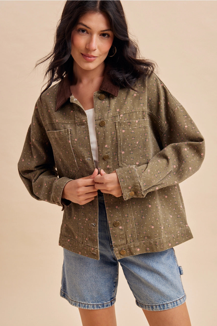 Floral Contrast Collar Shacket
