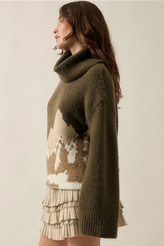 Olive Taupe Mountains Fuzzy Jacquard-Knit Turtleneck Sweater