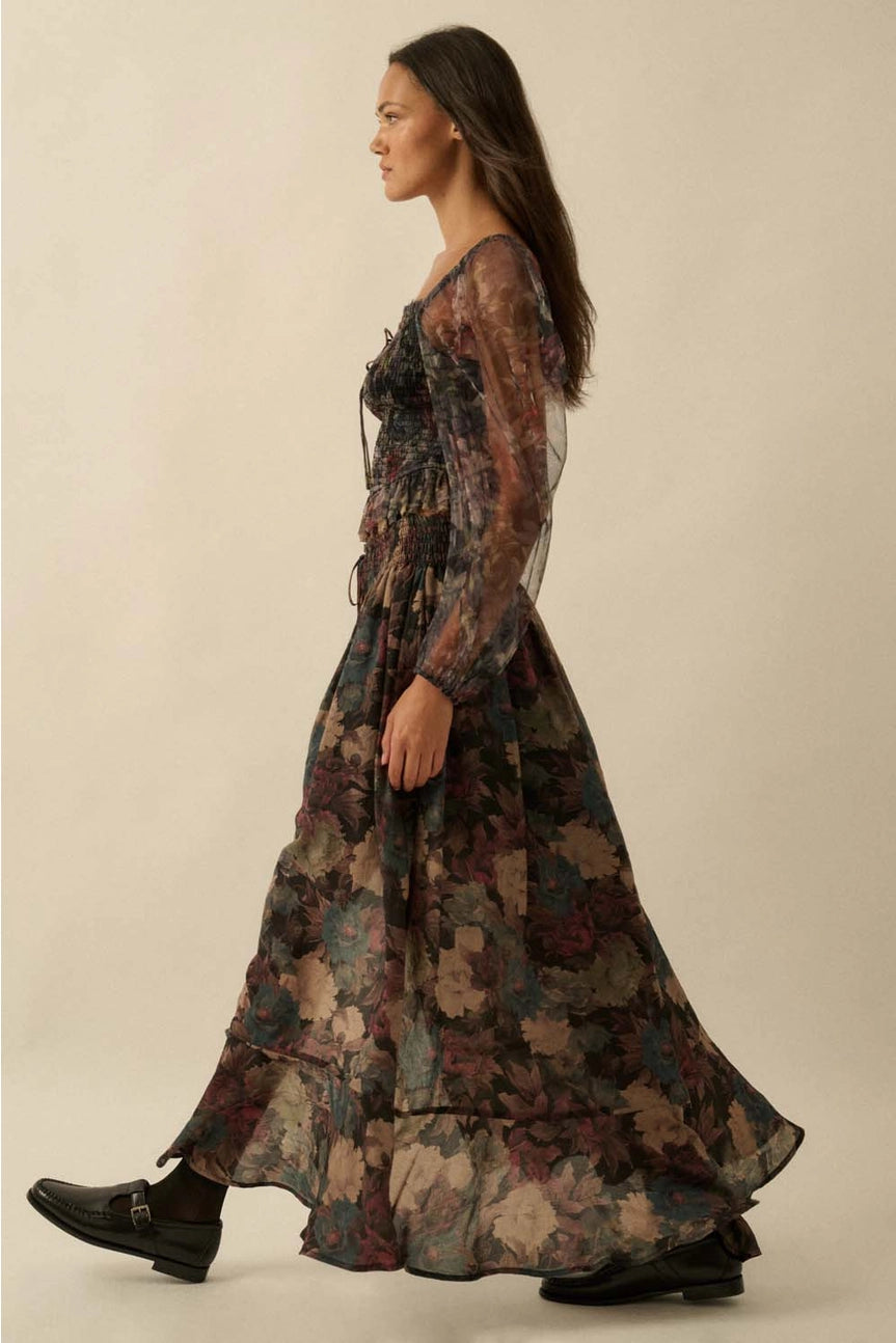 Floral-Print Drawstring Button-Front Maxi Skirt