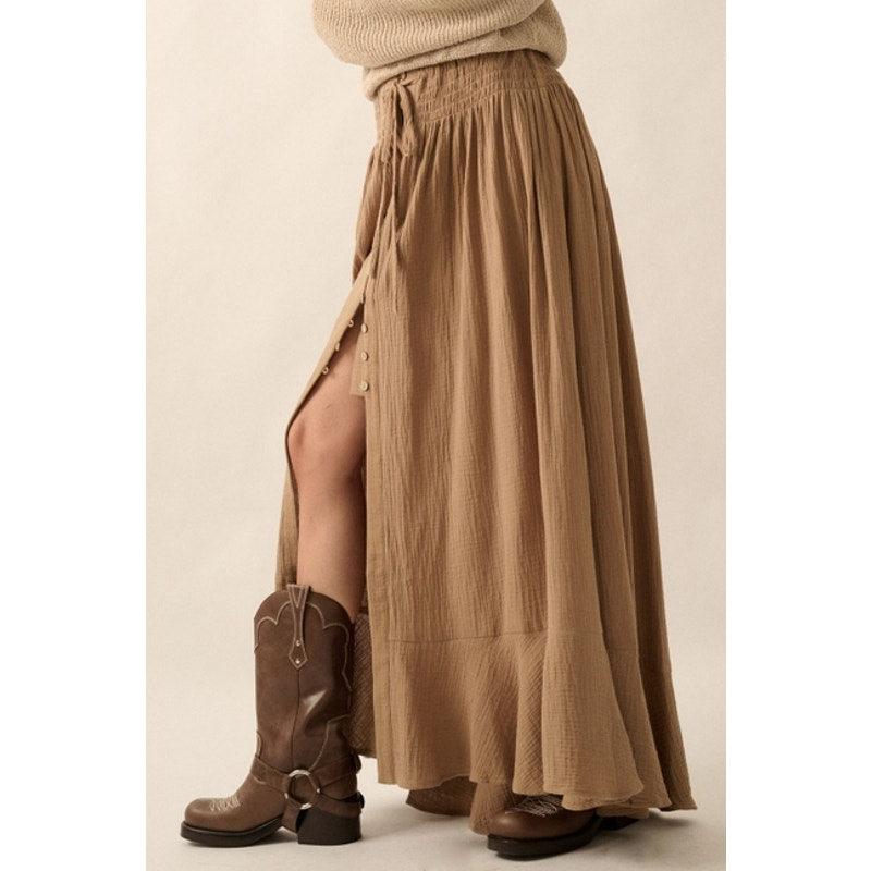 Espresso Smocked Elastic-Waist Front-Slit Crepe Maxi Skirt