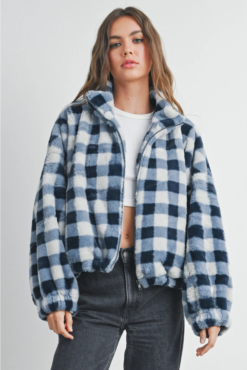 Picnic Drop Shoulder Plaid Fuzzy Jacket