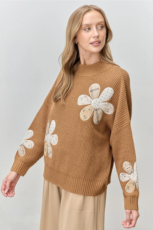Camel Flower Patchwork Embroidered Sweater