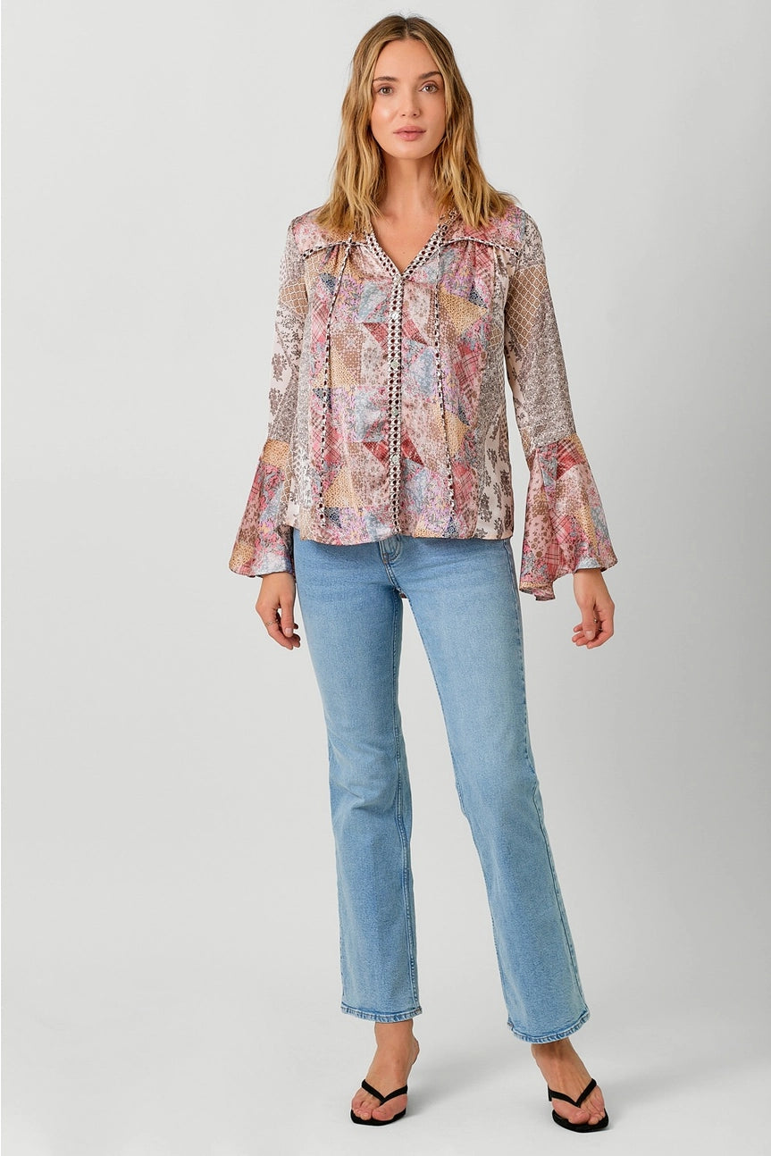 Mixed Print Bell Sleeve Shirt