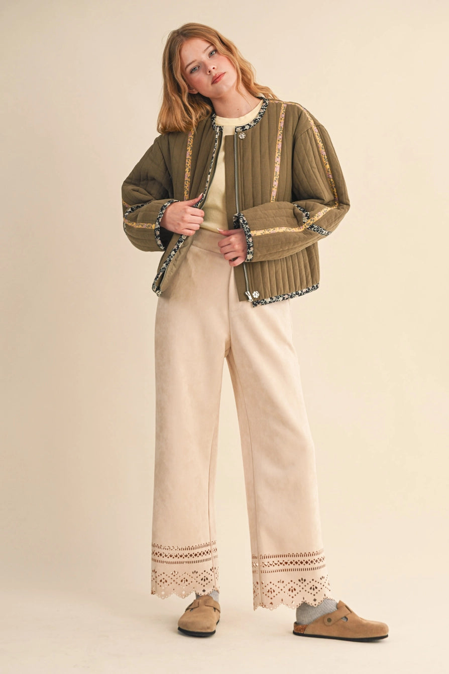 Olive Quilted Jacket with Contrast Binding Detail