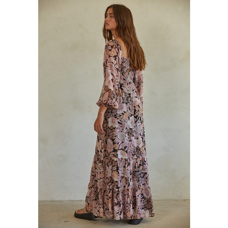 Pink & Black Chiffon Floral Maxi Peasant Dress