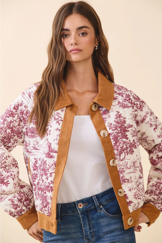 Toile Print Oversized Button Bomber Jacket