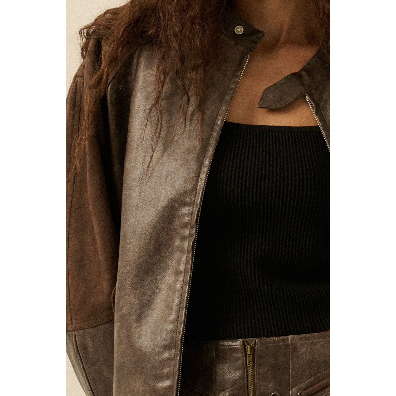 Espresso Faux Leather and Suede Barrel-Sleeve Jacket