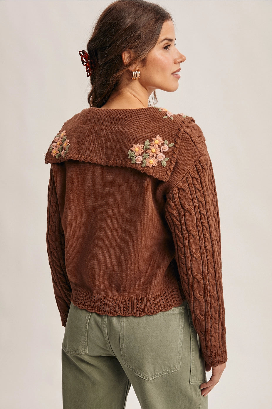 Mocha Cable Knit Embroidered Collar Cardigan