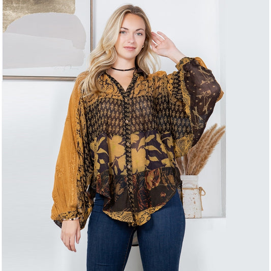 Camel Patchwork Balloon Sleeved Shirt