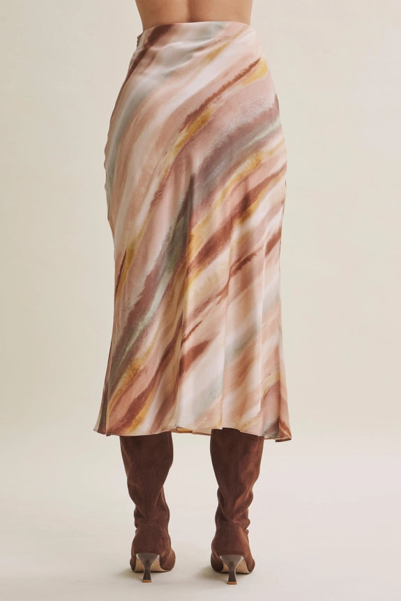Earthy Watercolor Abstract Silky Satin Bias Maxi Skirt