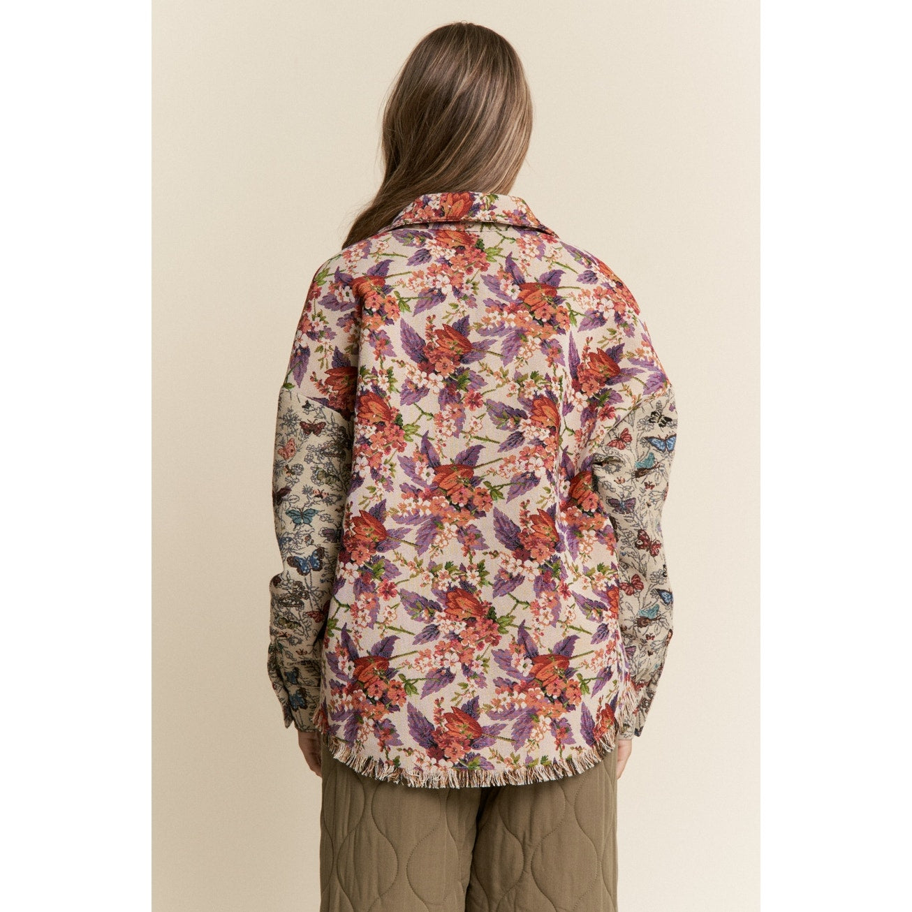 Violet Copper Butterfly and Floral Print Button Down Jacket
