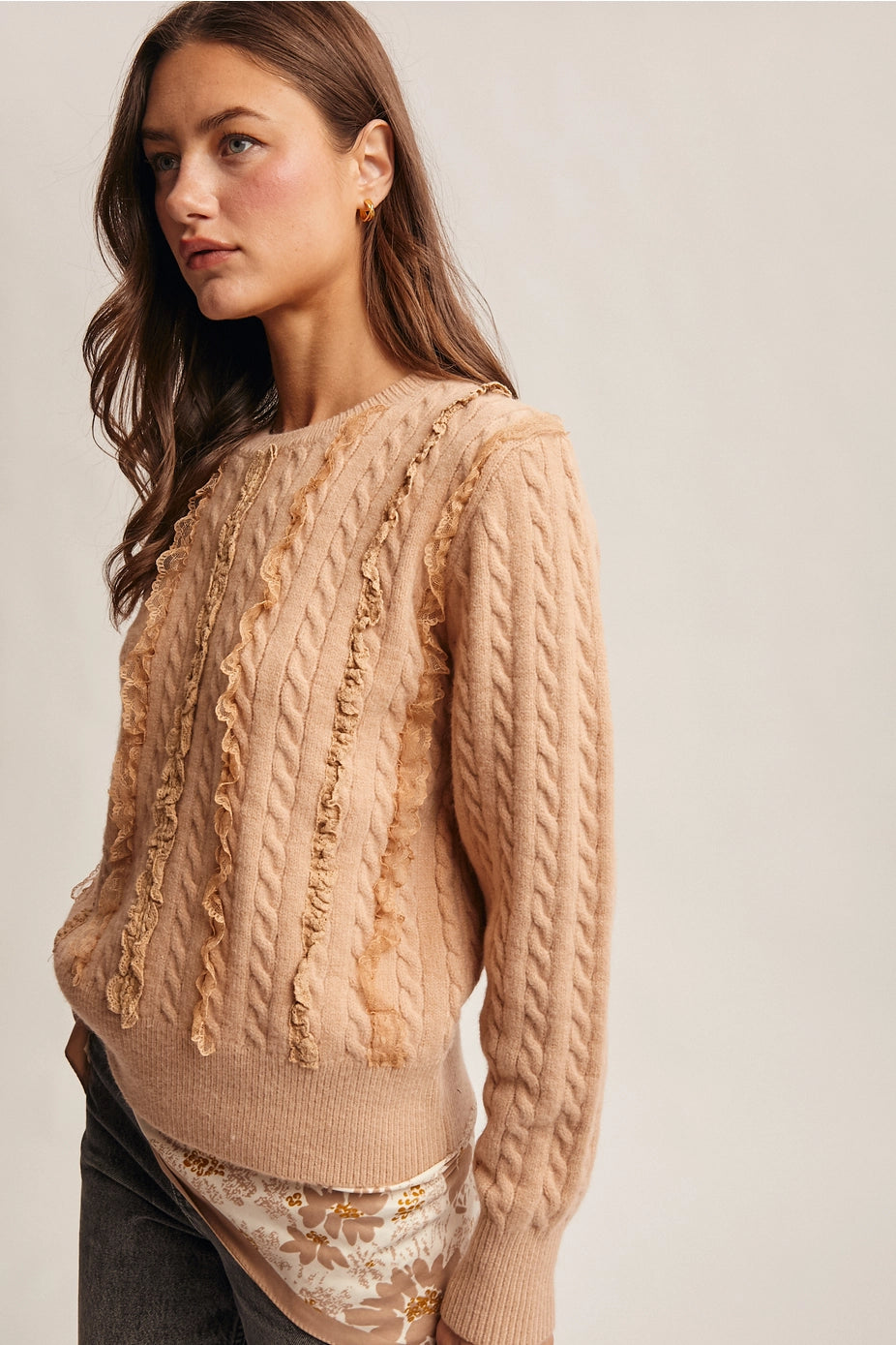 Oatmeal Lace Trim Cable Knit Pullover