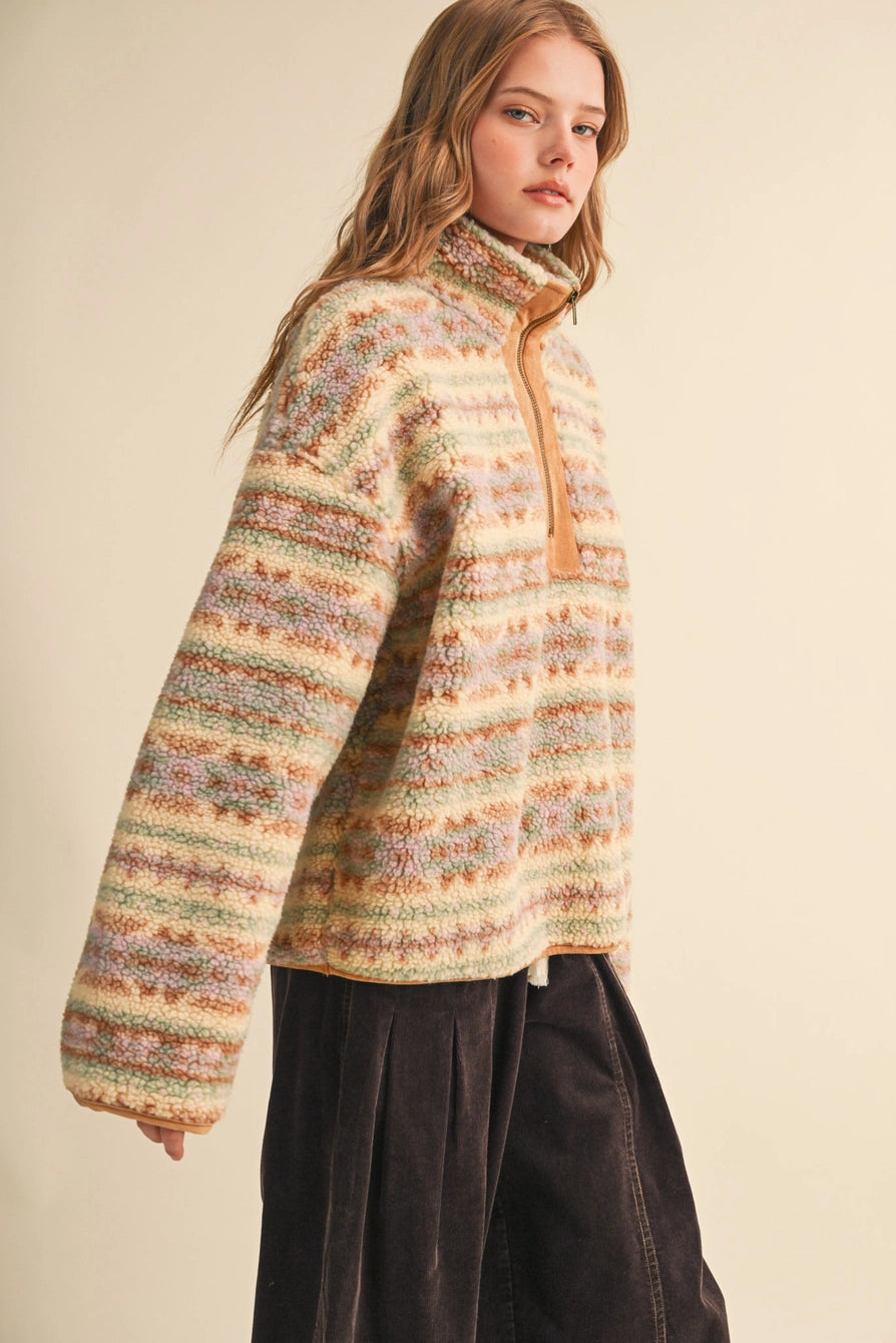 Faux Sherpa Aztec Pattern Half Zip Pullover