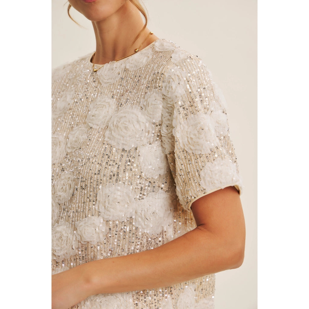 Light-Catching Elevated Shine Sequin 3D Floral Oversized Top