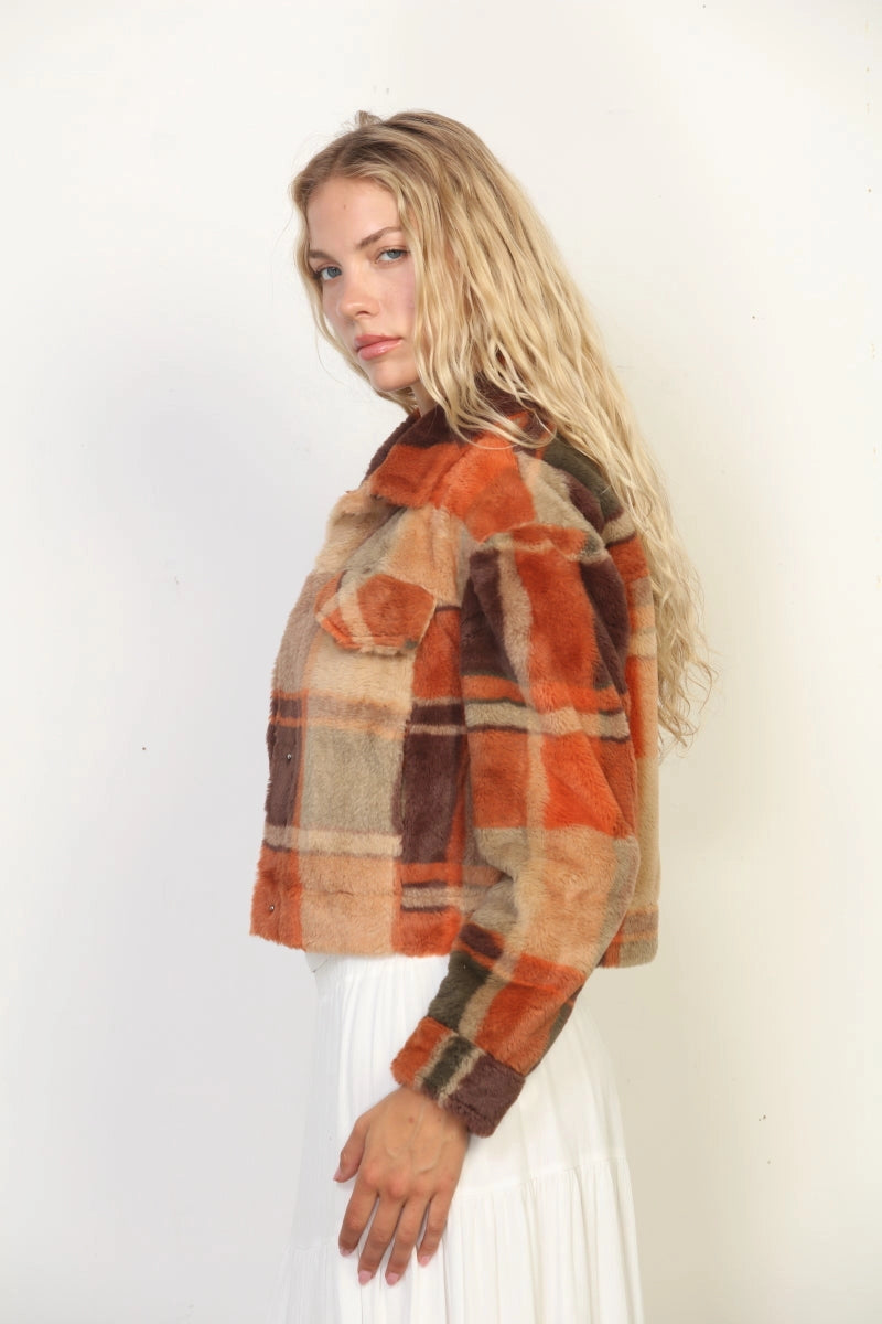 Rust Plaid Faux Fur Jacket