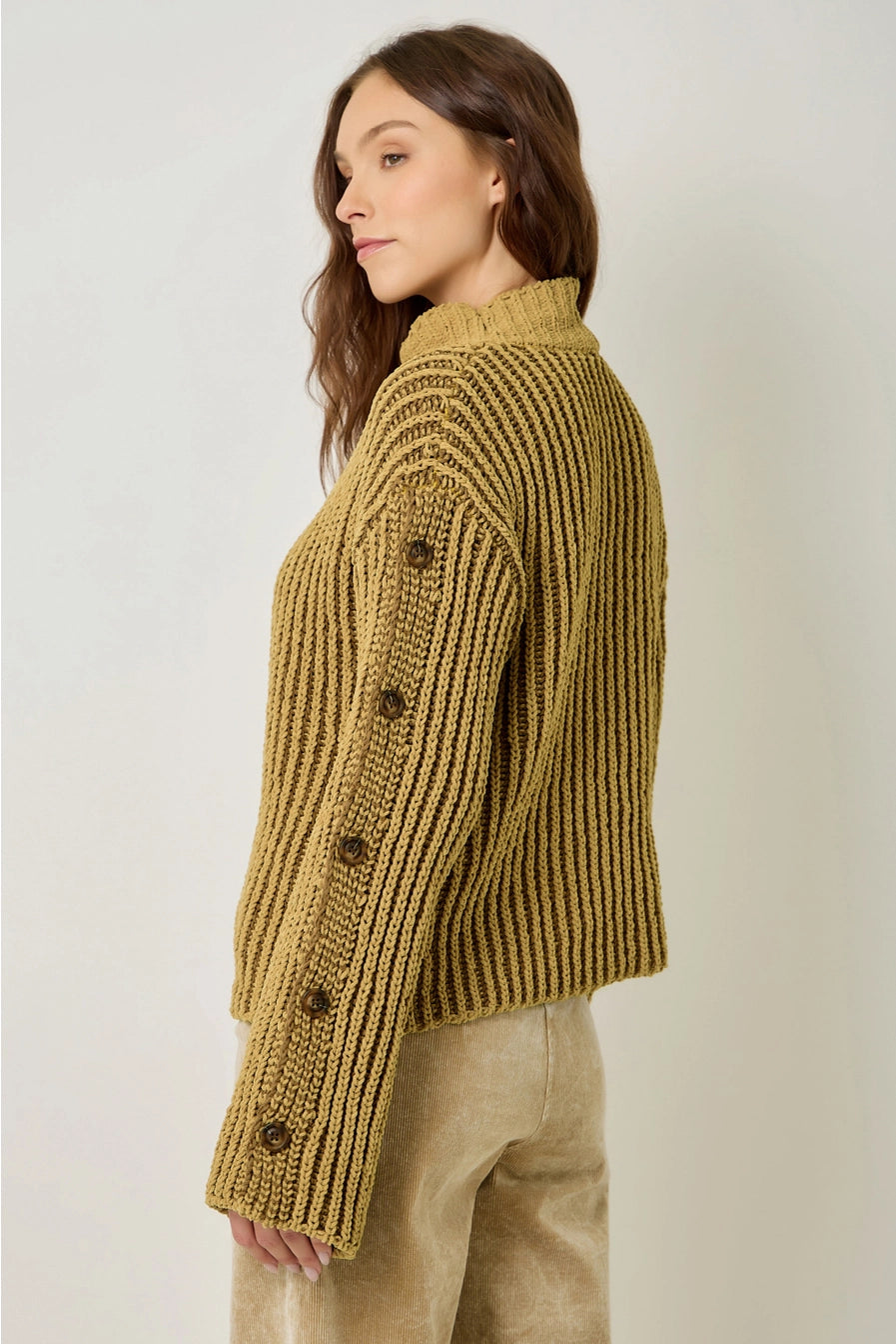 Mustard Velvety Two-Tone Sleeve Buttoned Sweater