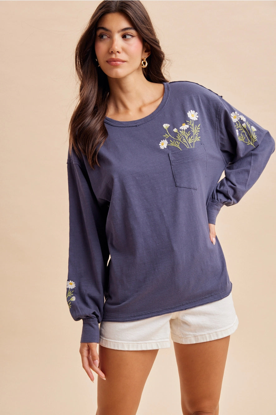 Embroidered Long Sleeve Pullover - Charcoal Denim