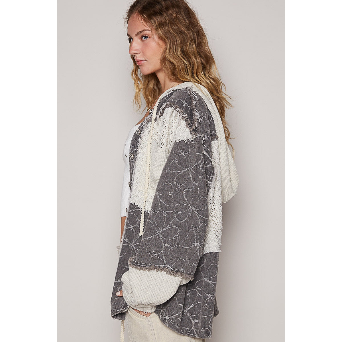 Balloon Sleeve Frayed Edge Detail Hoodie Jacket